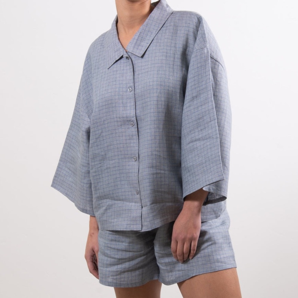 New Sonderhaus Linen Shorts Blue Check Medium